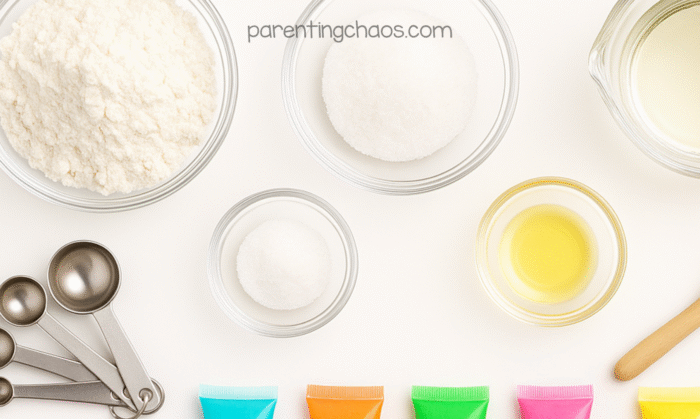 Overhead flat lay of playdough ingredients including flour, salt, cream of tartar, oil, measuring spoons, and colorful glow paints on a white background.