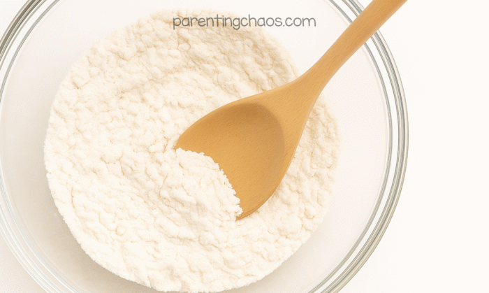 Mixing bowl filled with dry ingredients being stirred with a wooden spoon to start making homemade glow playdough.