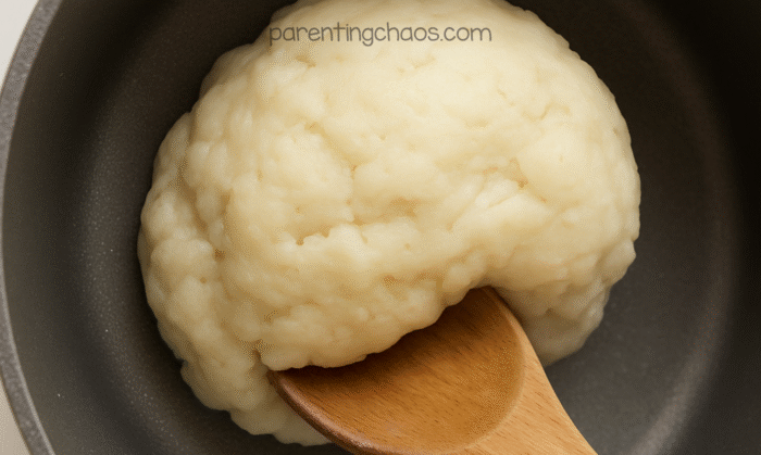 Cooked dough forming in a nonstick pan with a wooden spoon, showing the smooth, soft texture of freshly made playdough.