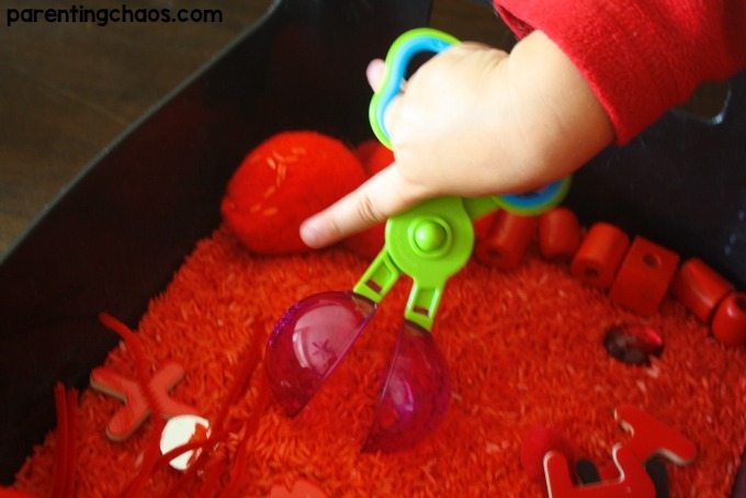 Activities such as this red sensory bin are a great way to start introducing colors in a playful stress-free manner. 