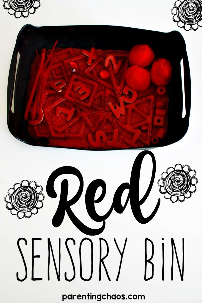 Activities such as this red sensory bin are a great way to start introducing colors in a playful stress-free manner.