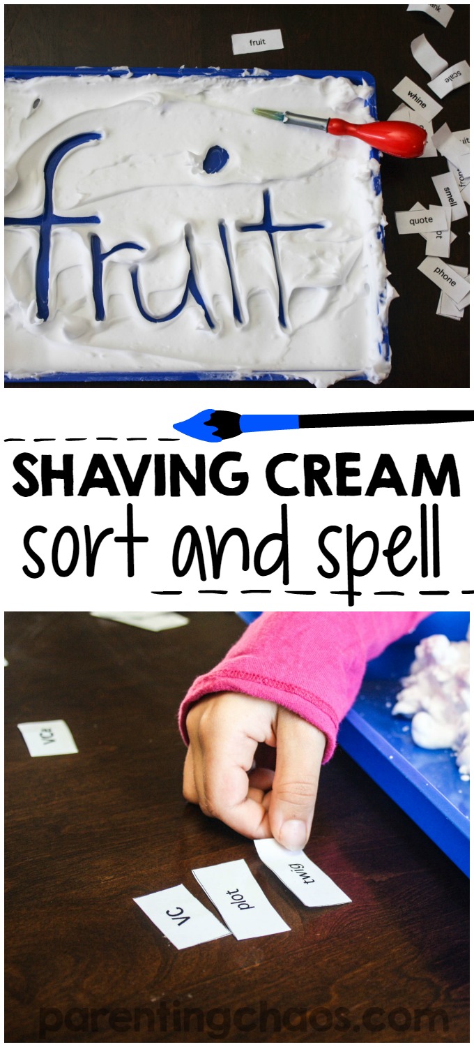 This game of shaving cream sort and spell is an awesome way to get children examining and manipulating their spelling words!