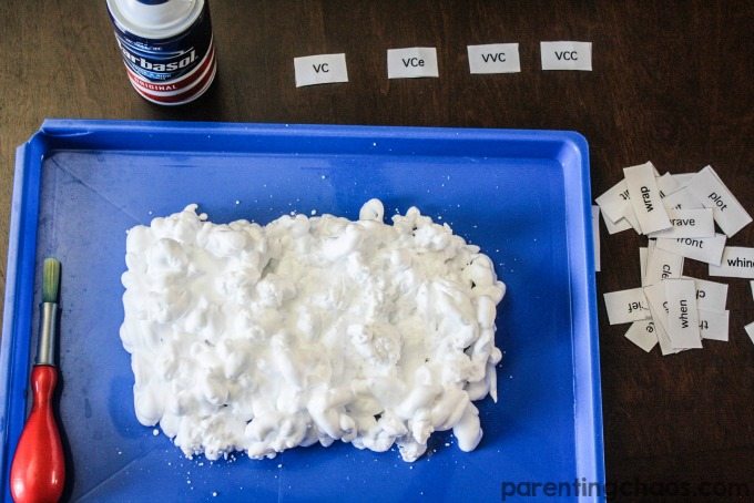 This game of shaving cream sort and spell is an awesome way to get children examining and manipulating their spelling words!