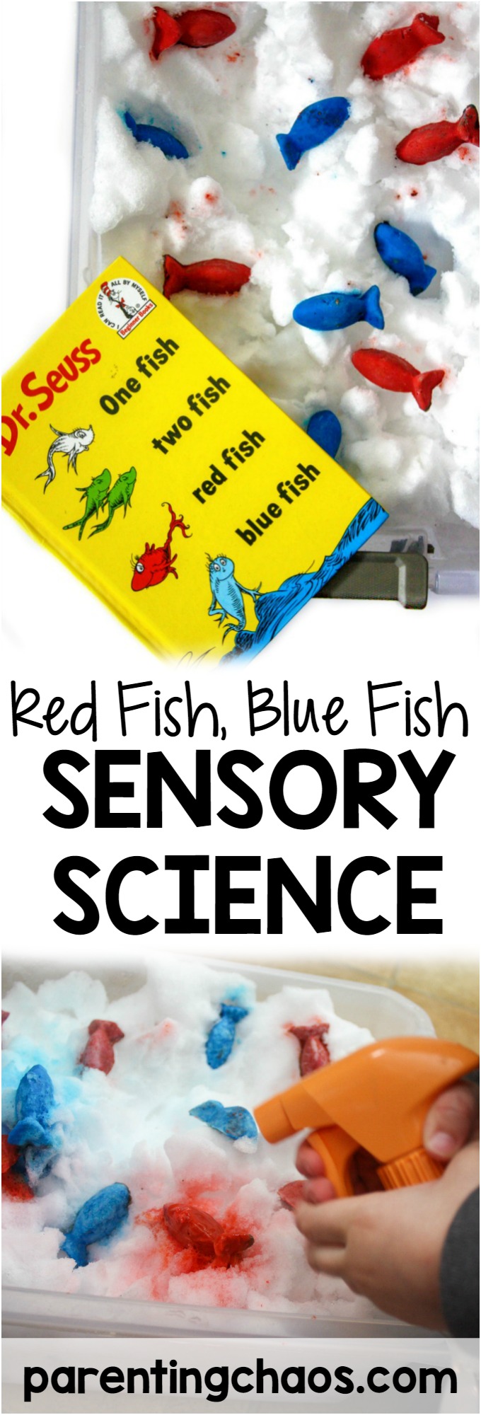 Kids will love this Red Fish, Blue Fish Sensory Science Bin inspired by Dr. Seuss's book One Fish Two Fish Red Fish Blue Fish!