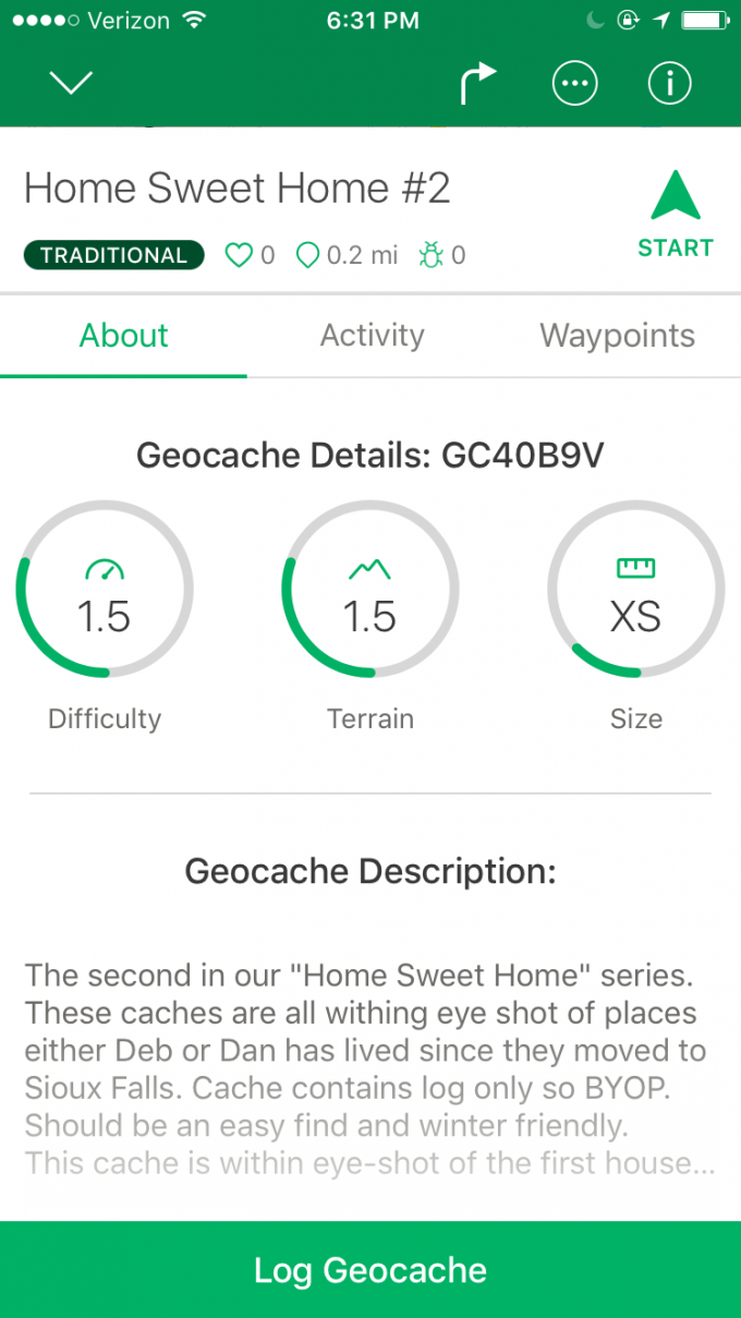 Check the Geocache App for Difficulty and Terrain Levels before leaving