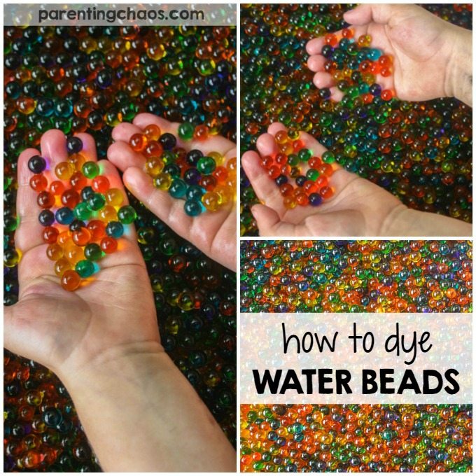 Dyeing water beads is an extremely easy way to save money and clear water beads can be found at any store that sells floral supplies.