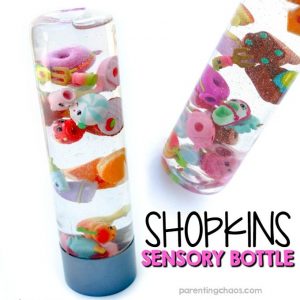 Make your own Shopkins sensory bottle! These are perfect to use as calm down bottles, play I-Spy, and to show off kids collections!