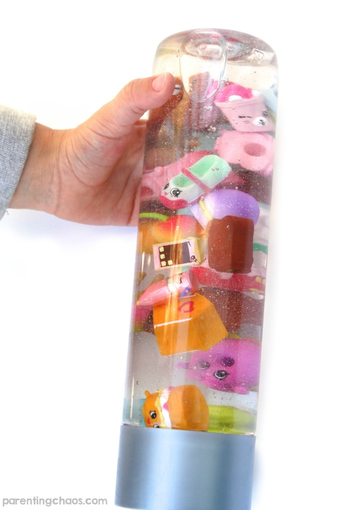 Make your own Shopkins sensory bottle! These are perfect to use as calm down bottles, play I-Spy, and to show off kids collections!
