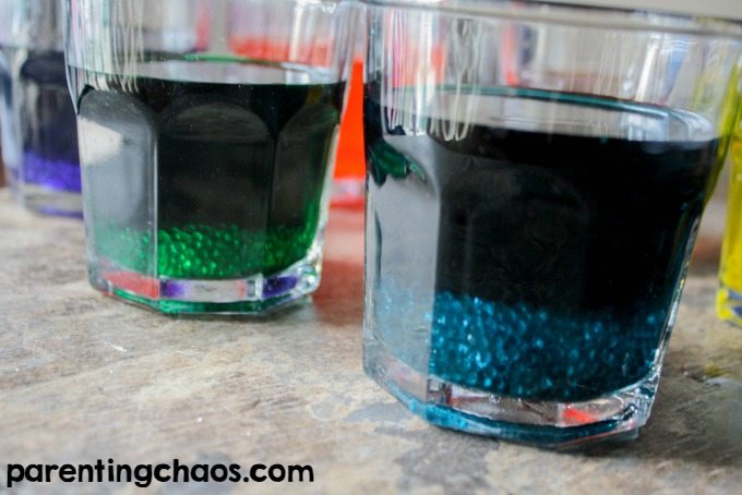 Dyeing water beads is an extremely easy way to save money and clear water beads can be found at any store that sells floral supplies.