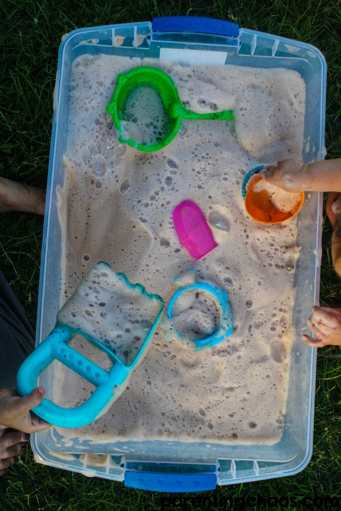 This Chocolate Soap Foam is a super easy and fun sensory play bin for kids, and it is perfect for cooling down!