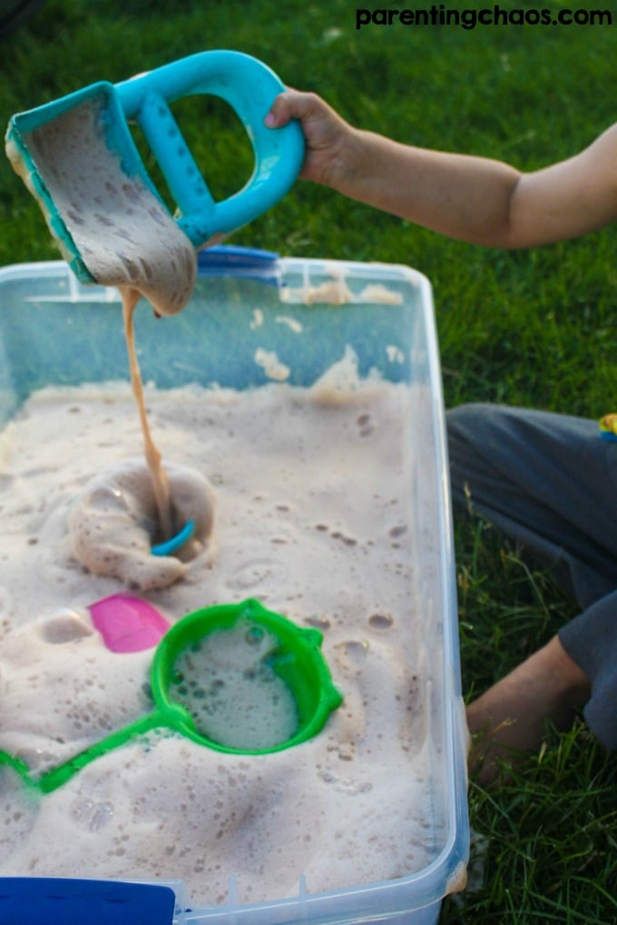 This Chocolate Soap Foam is a super easy and fun sensory play bin for kids, and it is perfect for cooling down!