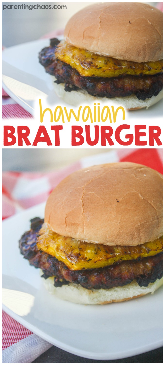 This Hawaiian brat burger blends the classic hamburger with the classic flavors of bratwurst. Topped with delicious grilled pineapple this is a must try grill recipes.