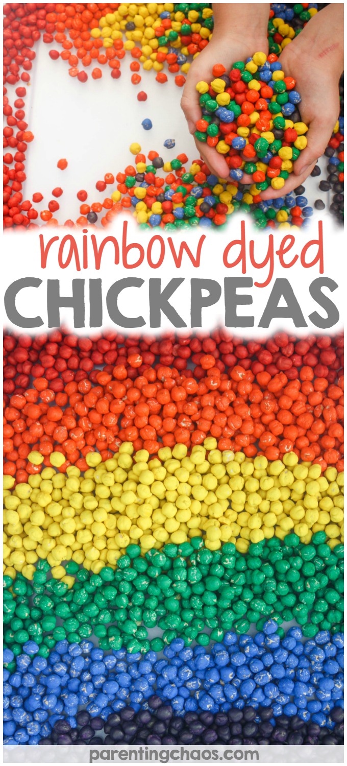 Rainbow Dyed Chickpeas are a quick and easy sensory bin filler that kids will love!