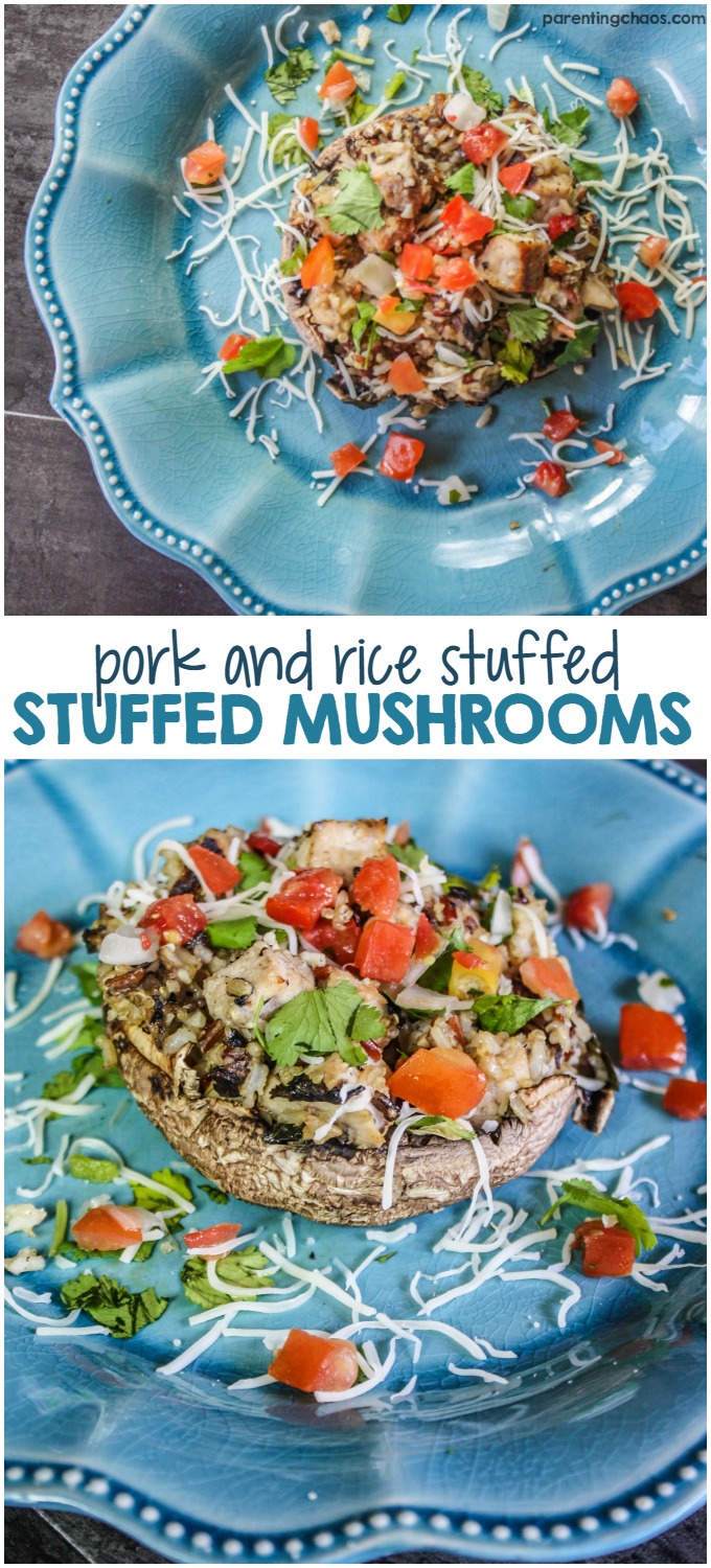 Grilled Portabello Mushrooms with Pork, Rissoto, and Cheese are a fun stuffed mushroom recipe for the grill!