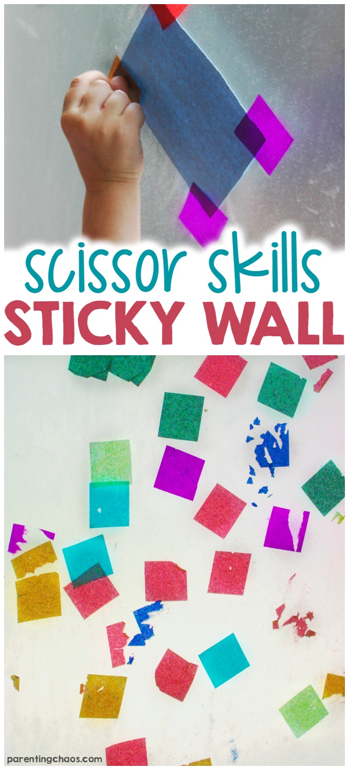 Providing open-ended creative activities such as this Scissor Skills Sticky Window Mural is a great way to encourage kids to continue to build upon their skills while controlling the mess.