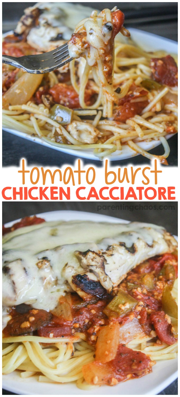Easy Tomato Burst Chicken Cacciatore -One pan and 30 minutes are all you need to make this full flavor, healthy and fresh Italian chicken cacciatore!