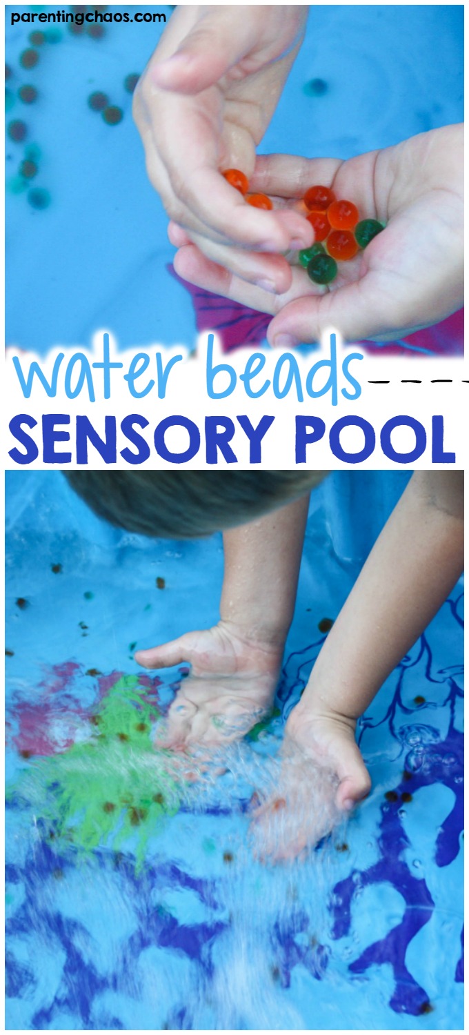 Previously, we’ve discovered ways to explore with water beads. Another favorite of ours is a sensory pool as it’s great for the visual sensory system.