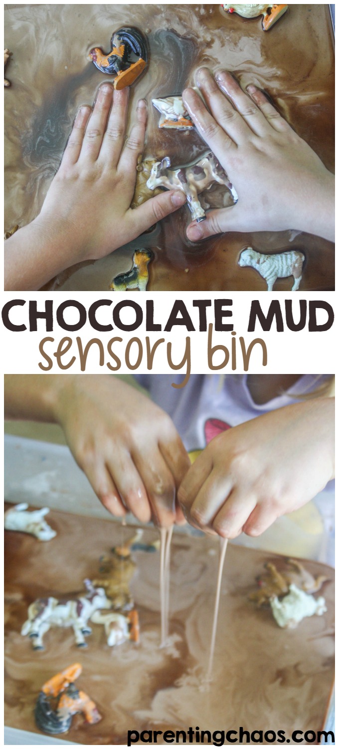Sensory bins are a great activity for kids - easy, fun, and wonderful for developing fine motor skills. Your kids will love this simple Chocolate Mud Recipe!