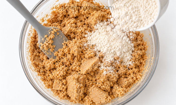 Photo showing pumpkin moon sand ingredients being mixed together