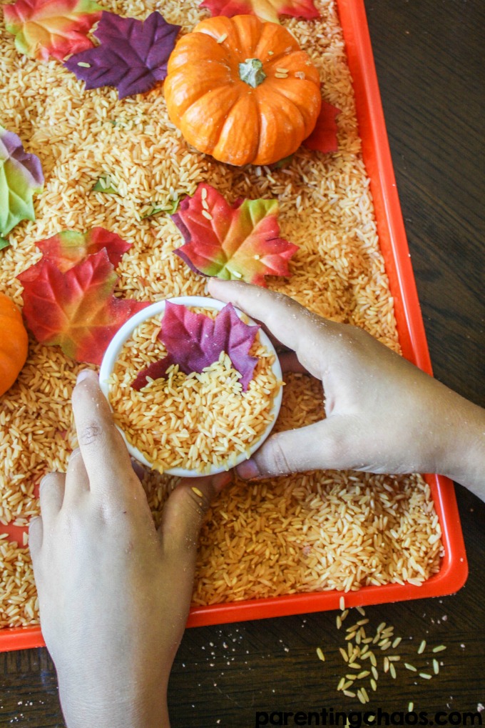 Kids will LOVE this Pumpkin Scented Sensory Rice!