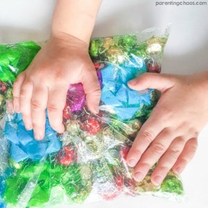 Make Jingle Bell Sensory Bags for kids to squish and play. These are fantastic taped to a window too!