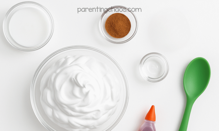 Overhead view of fluffy pumpkin pie slime ingredients in clear bowls on a white background, including shaving cream, glue, pumpkin pie spice, contact solution, and orange food coloring with a green spoon.