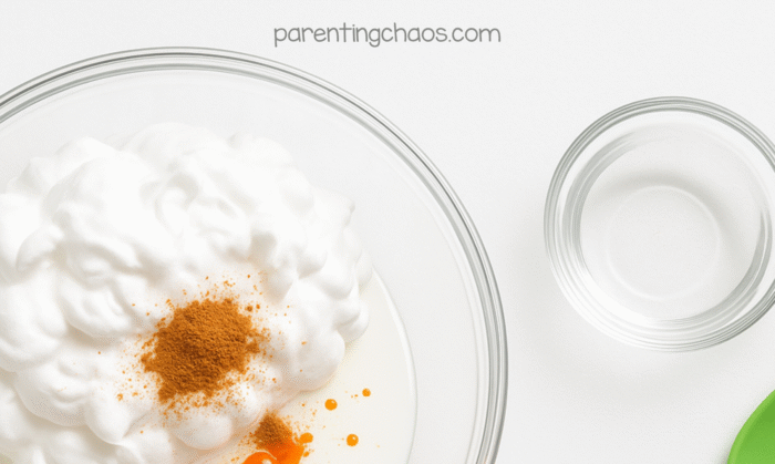Shaving cream, glue, baking soda, pumpkin pie spice, and orange food coloring in a glass bowl before mixing to make fluffy pumpkin pie slime.