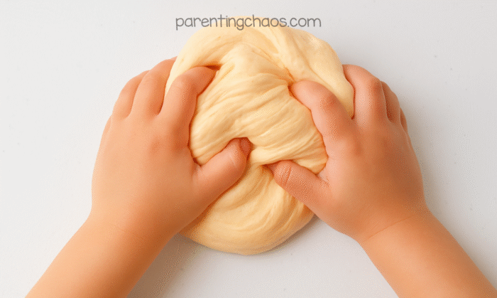 Child’s hands kneading fluffy pumpkin pie slime until soft and stretchy on a white surface.