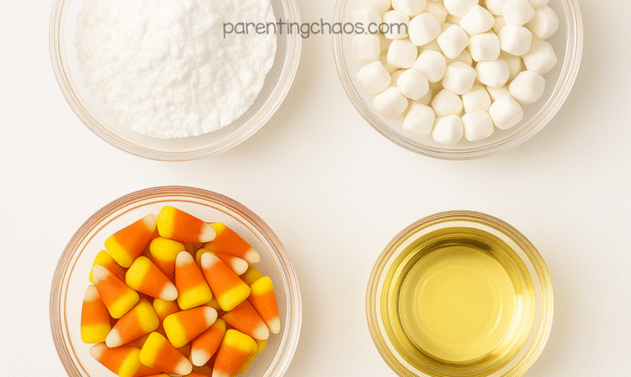 Ingredients for taste safe candy corn slime — bowls of powdered sugar, mini marshmallows, candy corn, and vegetable oil arranged neatly on a white background.