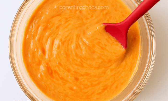 The melted marshmallow and candy corn mixture stirred together into a thick orange base using a red silicone spatula.