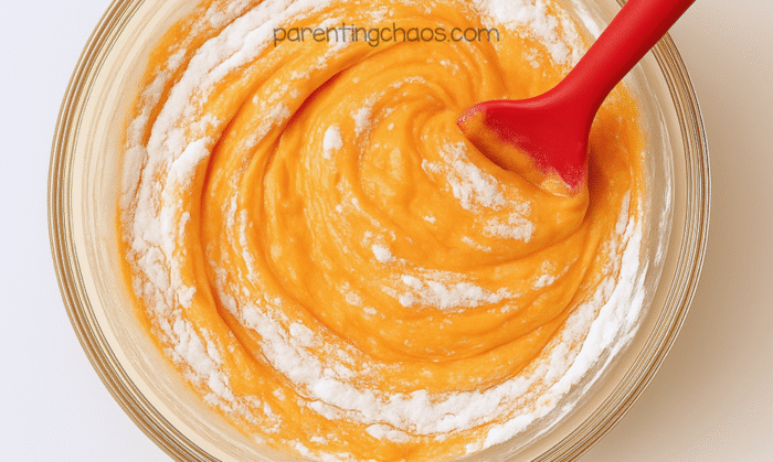 Powdered sugar added to the orange slime mixture, partially stirred in with a red spatula.