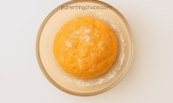 A smooth orange ball of finished candy corn slime resting in a bowl dusted with powdered sugar.