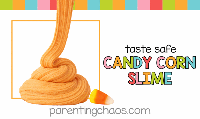 Finished candy corn slime stretching from above into a swirl with a candy corn piece beside it, with the text “Taste Safe Candy Corn Slime” and the Parenting Chaos logo.