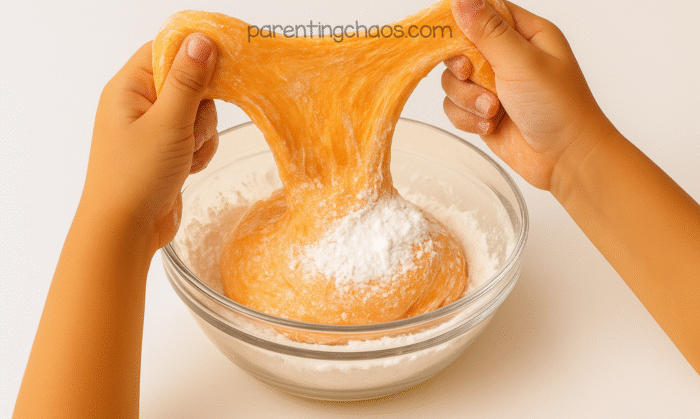 Child’s hands stretching a soft, glossy ball of orange candy corn slime over a bowl dusted with powdered sugar.