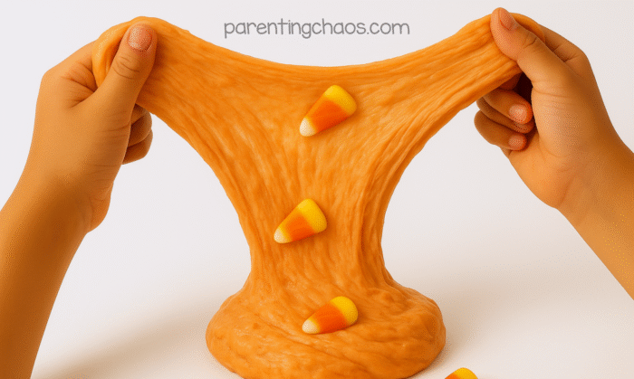 Child stretching orange candy corn slime embedded with candy corn pieces, showing the stretchy, playful texture.