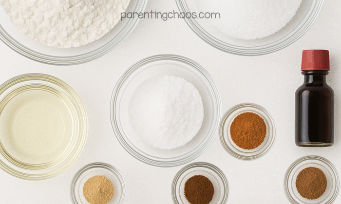 Overhead photo of ingredients for a gingerbread playdough recipe, including flour, salt, oil, cream of tartar, and warm baking spices in small glass bowls.