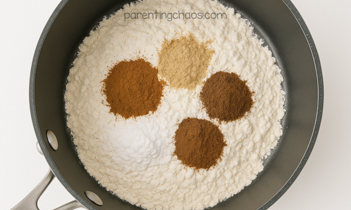 Mixing flour and spices in a nonstick saucepan to make homemade gingerbread playdough, showing cinnamon, ginger, and nutmeg on top of the dry ingredients.