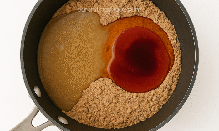 Gingerbread playdough recipe in progress, with brown food dye, oil, and water poured over spiced flour mixture in a pan before cooking.