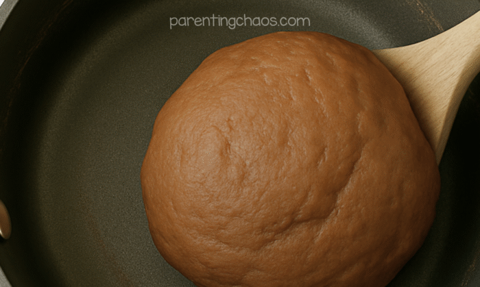 Cooked gingerbread playdough ball forming in a nonstick pan with a wooden spoon, showing smooth brown dough texture.