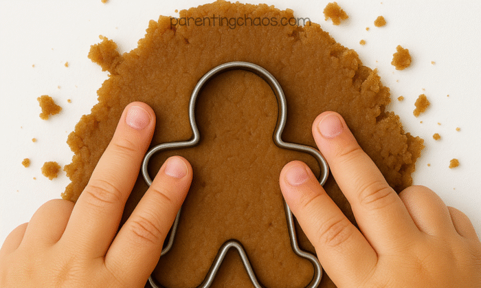 Child pressing a metal gingerbread man cookie cutter into soft brown gingerbread playdough on a white surface.