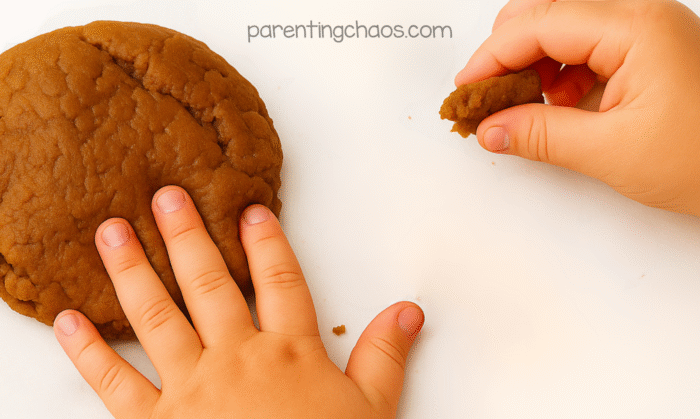 Two small hands squishing a ball of gingerbread playdough during sensory play.