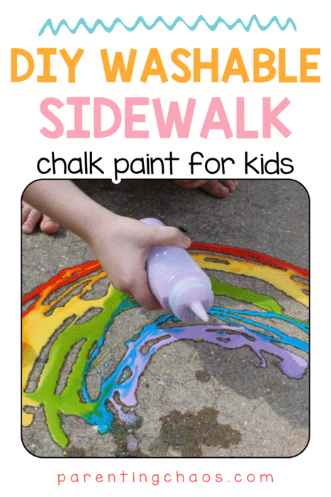 A child squeezing purple DIY washable sidewalk chalk paint from a squirt bottle onto concrete, creating a colorful rainbow swirl design. Text reads “DIY Washable Sidewalk Chalk Paint for Kids - parentingchaos.com”.