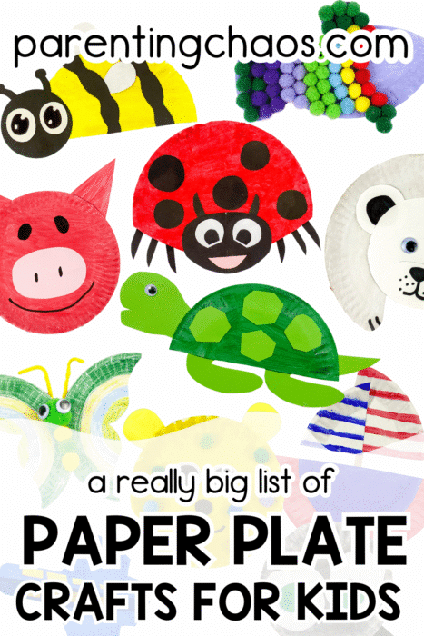 Collage of various paper plate crafts for kids, including a pig, ladybug, turtle, bee, butterfly, lion, polar bear, fish, patriotic craft, and a pom-pom rainbow fish. Text reads: “a really big list of PAPER PLATE CRAFTS FOR KIDS – parentingchaos.com”.