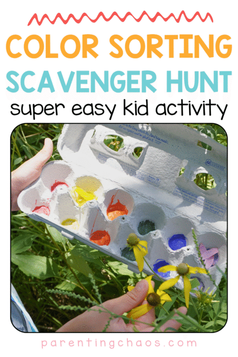 Child holding an egg carton painted with different colors in each section for a nature-based color sorting scavenger hunt. Yellow, purple, green, and red flower petals are being placed into the matching color sections. Text reads: “Color Sorting Scavenger Hunt – Super Easy Kid Activity – parentingchaos.com”.