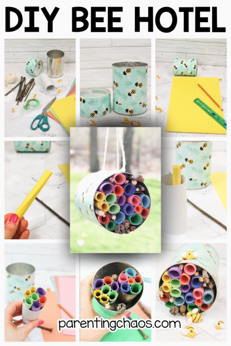 Step-by-step collage of a DIY bee hotel made from a recycled tin can, sticks, and colorful paper tubes, shown with materials, assembly, and final hanging craft.