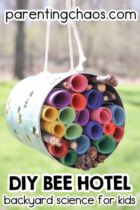 DIY bee hotel made from a recycled tin can filled with colorful rolled paper and sticks, hanging outdoors in the sun as a kids’ backyard science activity.