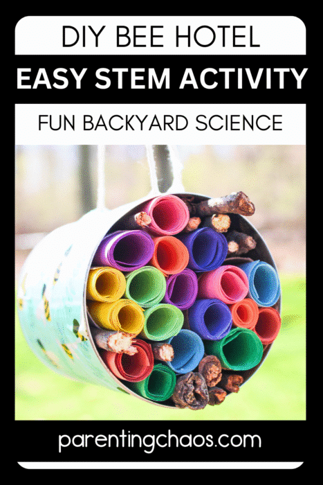 DIY bee hotel craft made from a tin can, colorful paper tubes, and twigs—an easy STEM activity for kids to explore backyard science