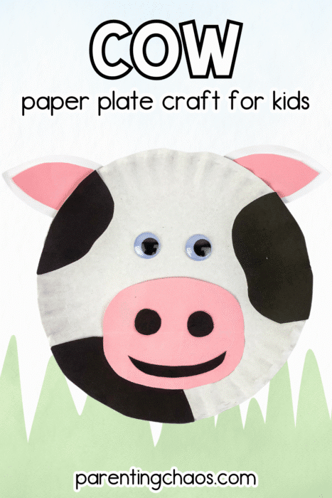 Pinterest graphic featuring a completed cow paper plate craft with black spots, pink nose, and googly eyes, labeled “Cow Paper Plate Craft for Kids” from parentingchaos.com, set over a green grass background.