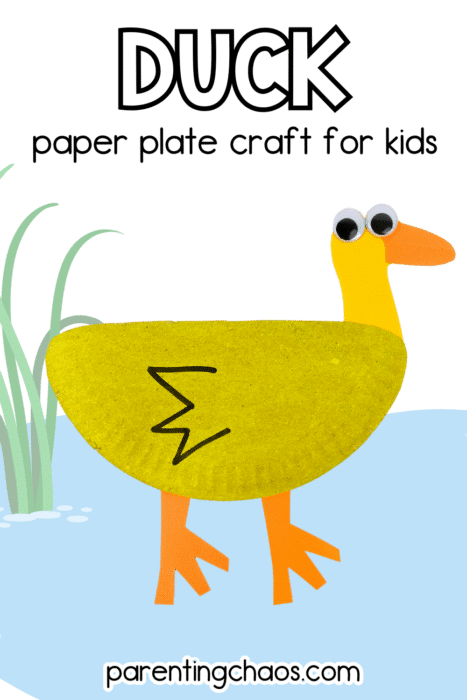 Paper plate duck craft with googly eyes, orange beak and feet, and black marker wing detail, placed on a pond-themed background with the title “Duck paper plate craft for kids” and the website parentingchaos.com.