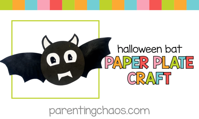 Halloween bat paper plate craft for kids — a black bat with big white eyes and fangs made from a paper plate, shown on a colorful banner.